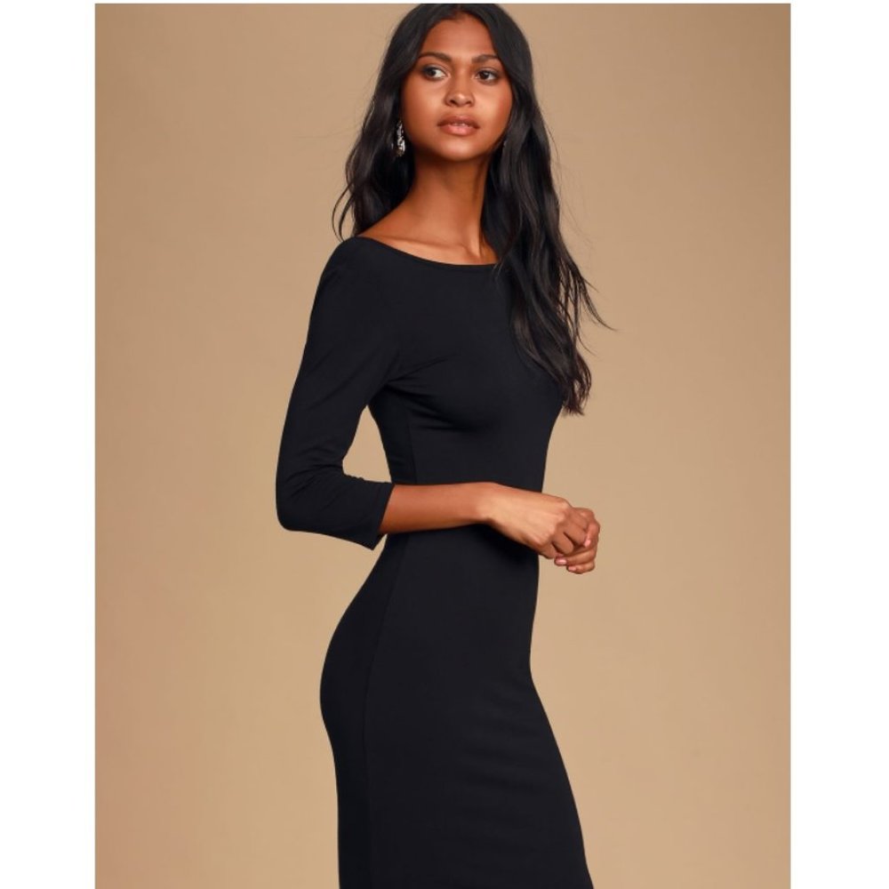 Lulu's Black Midi Dress Back Opening 3/4 Sleeve XS